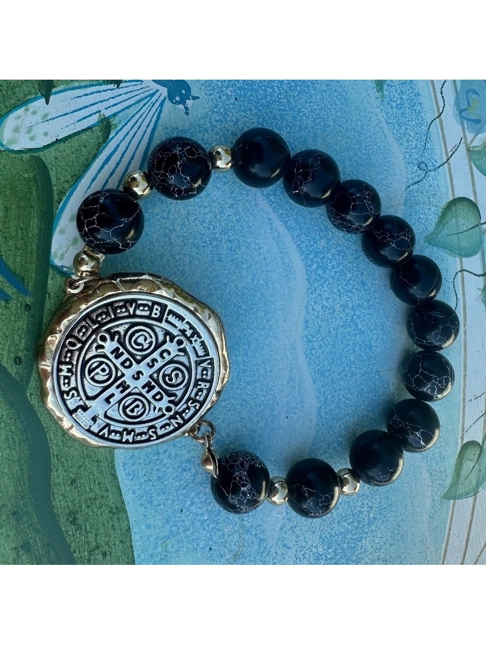 Saint Benedict Medal Genuine Stone Stretch Bracelet Black Silver Gold